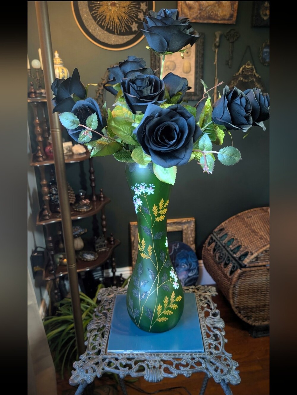 Vintage Hand Painted Floral Emerald Green Vase